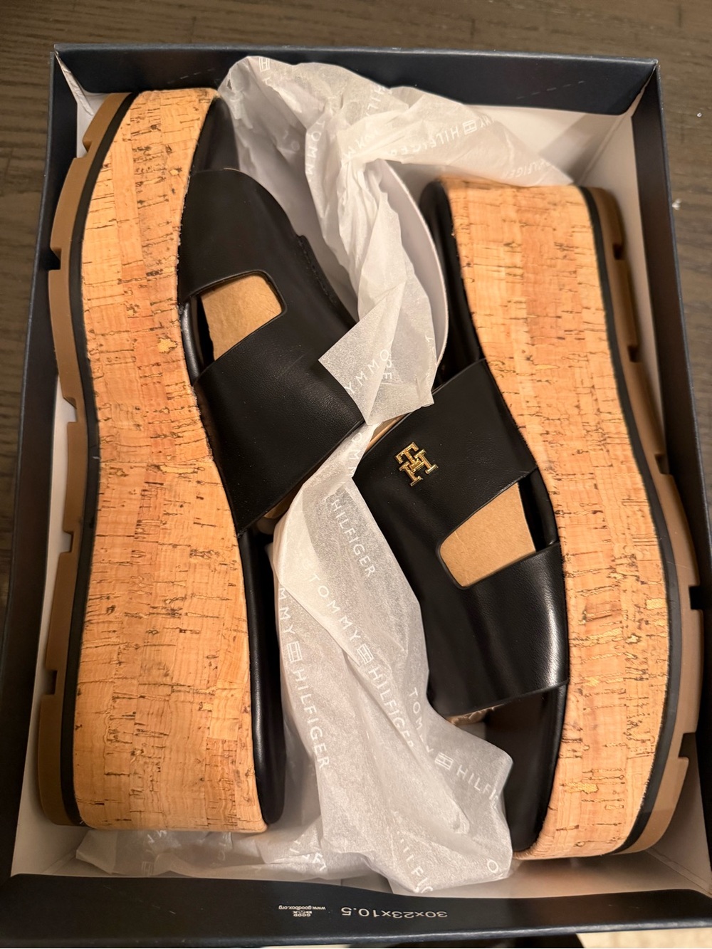 Tommy Hilfiger Black Leather Cork Platform Slides